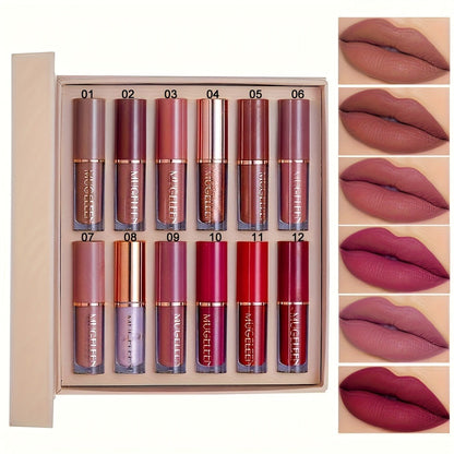 Non-Stick Matte Lip Gloss Set 12 Pcs Non-Fading Long-Lasting Liquid Lipstick Assorted Colors with Wand Applicator
