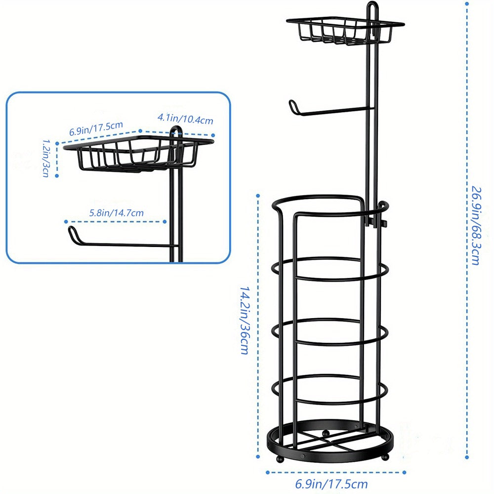 Freestanding Toilet Paper Holder with Round Four-Roll Storage Cage, Upper Shelf and One- or Two-Pack Options