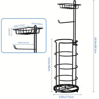 Freestanding Toilet Paper Holder with Round Four-Roll Storage Cage, Upper Shelf and One- or Two-Pack Options
