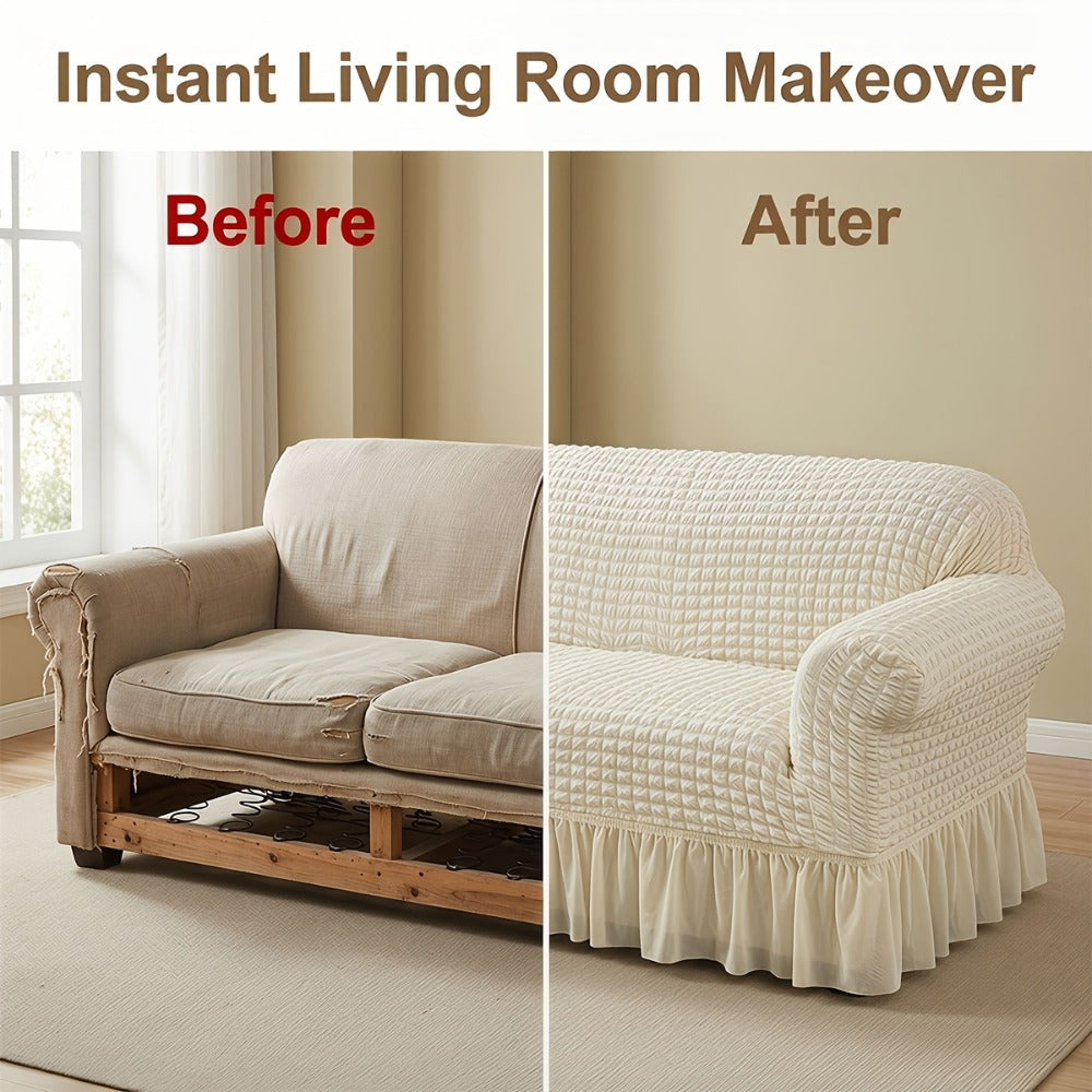 Seersucker Sofa Slipcover Elastic Band Closure Pet-Friendly All-Purpose Sofa Cover for Living Room Home Decor Protection