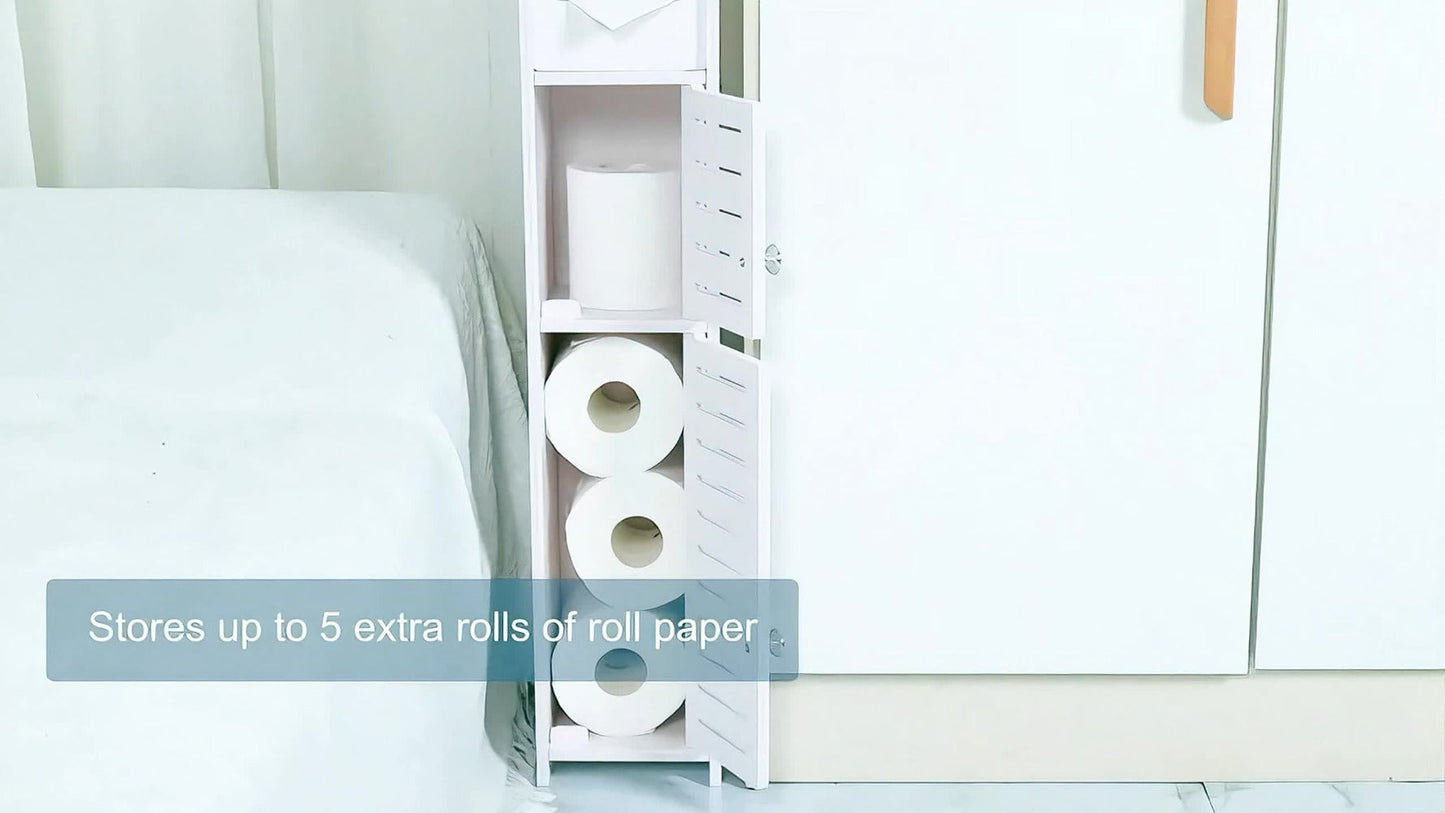 Slim Bathroom Storage Cabinet, PVC Toilet Paper Holder & Organizer for Small Spaces, Easy Assembly
