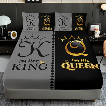 Bed Sheet Set 3 Piece Super Soft Microfiber Fitted Sheet with Pillowcases – Deep Pocket 15 Inch Crown Letter Print Color Block Bedding Twin