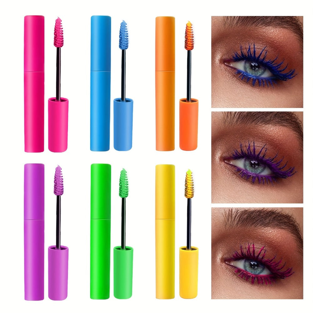 Colorful Mascara Set 6 Vivid Shades – Waterproof Smudge-Proof Curling Volumizing Lash Makeup, Purple Green Red Yellow Orange Blue