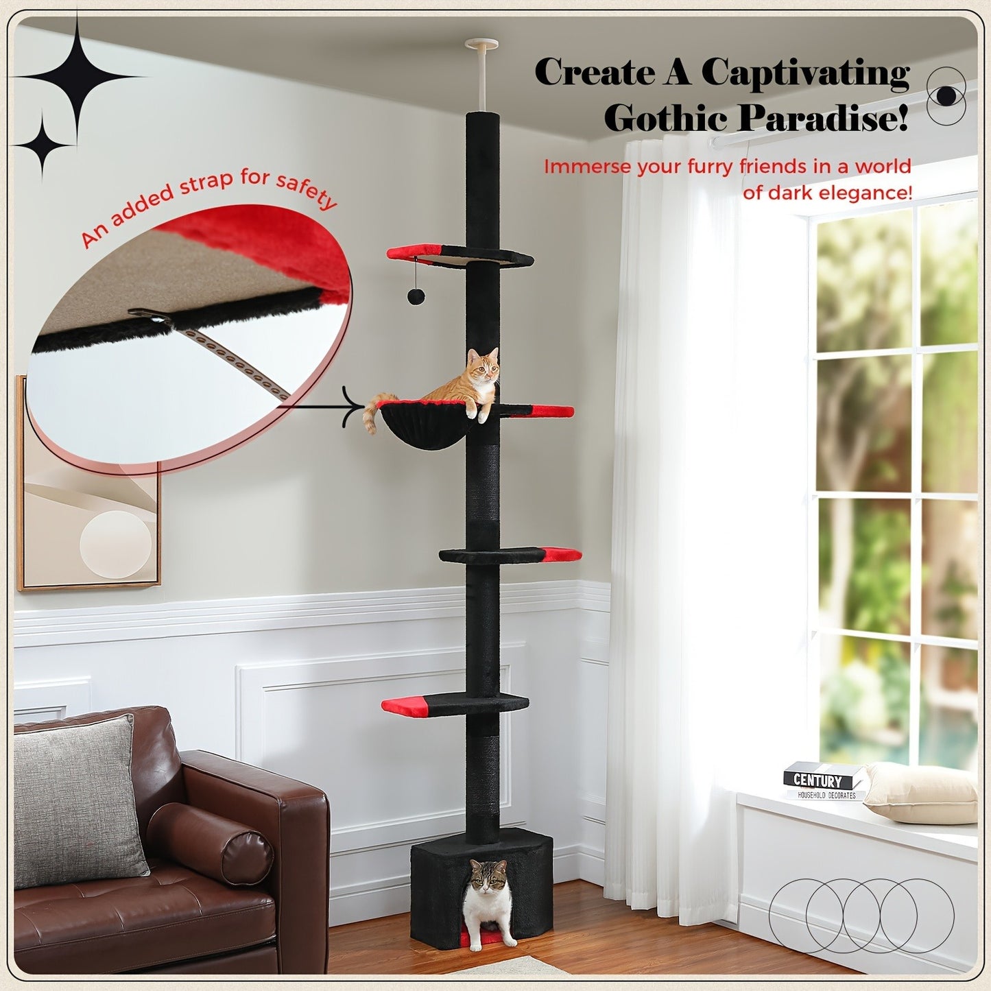 Floor to Ceiling Cat Tree Tower 90–107" – 4-Tier Tall Adjustable Cat Climbing Post with Tension Rod | Ceiling-Mounted Stable Cat Activity