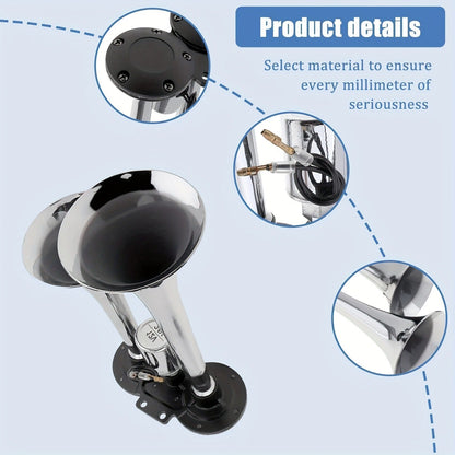 Dual Air Horn Kit 12V/24V 105-137dB with Air Compressor – Super Loud Aluminum Alloy Trumpet Horn for Truck, Train, SUV, Motorcycle