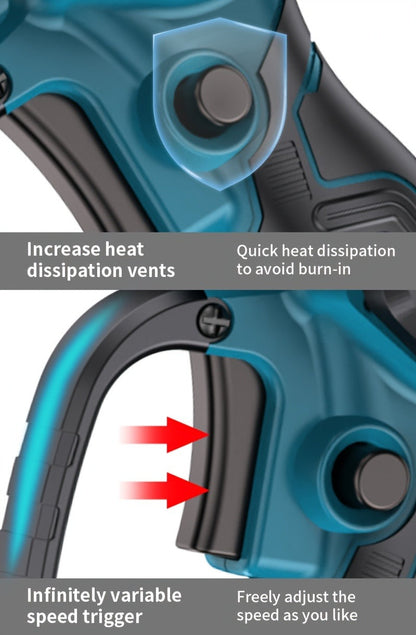 Handheld Electric Chainsaw, Mini Cordless Portable Tree Cutter with Splash Guard, Security Lock, Rechargeable Battery Options
