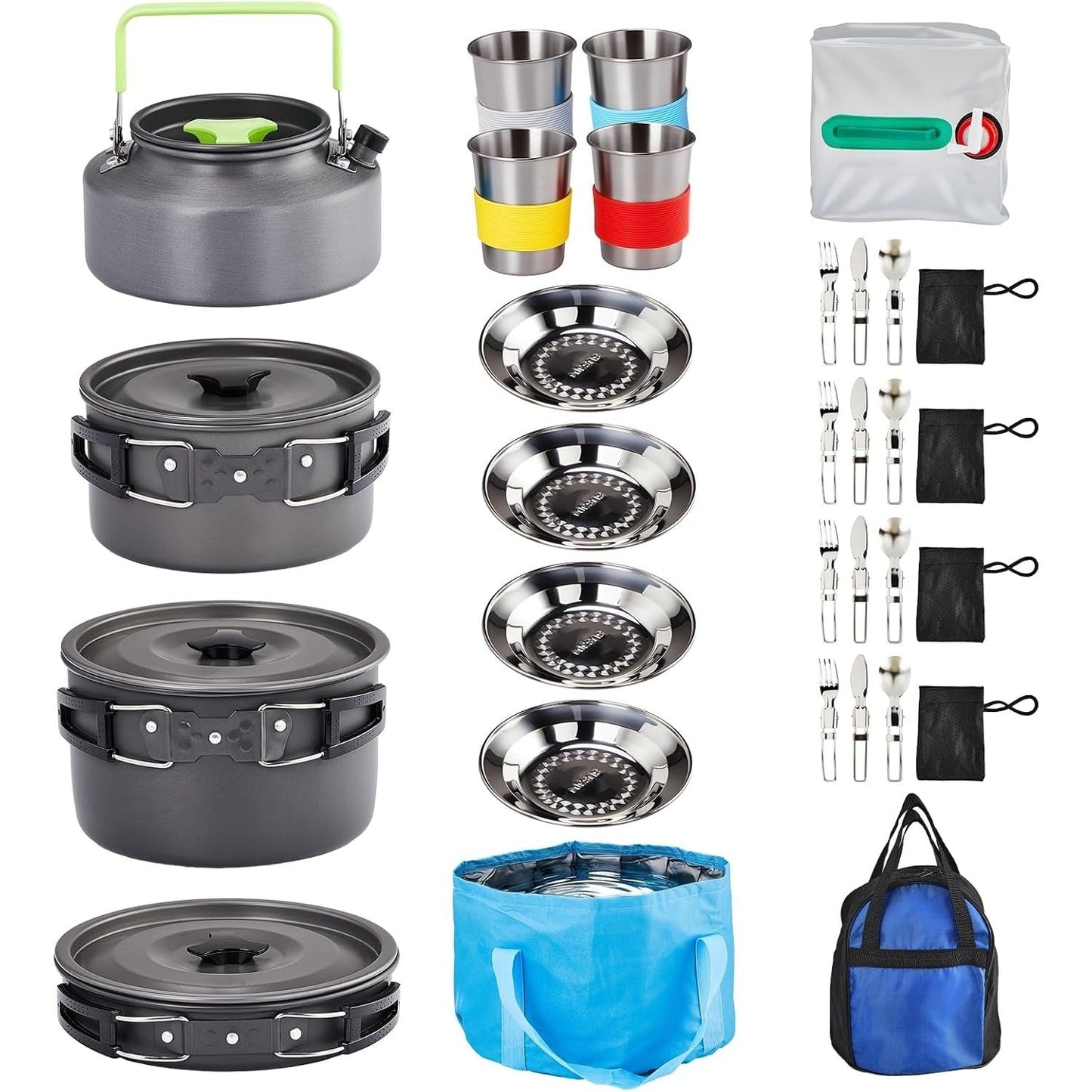 Camping Cookware Set, 19- or 27-Piece Coated Aluminum Mess Kit with Pot, Pan, Kettle, Cups, Plates and Cutlery