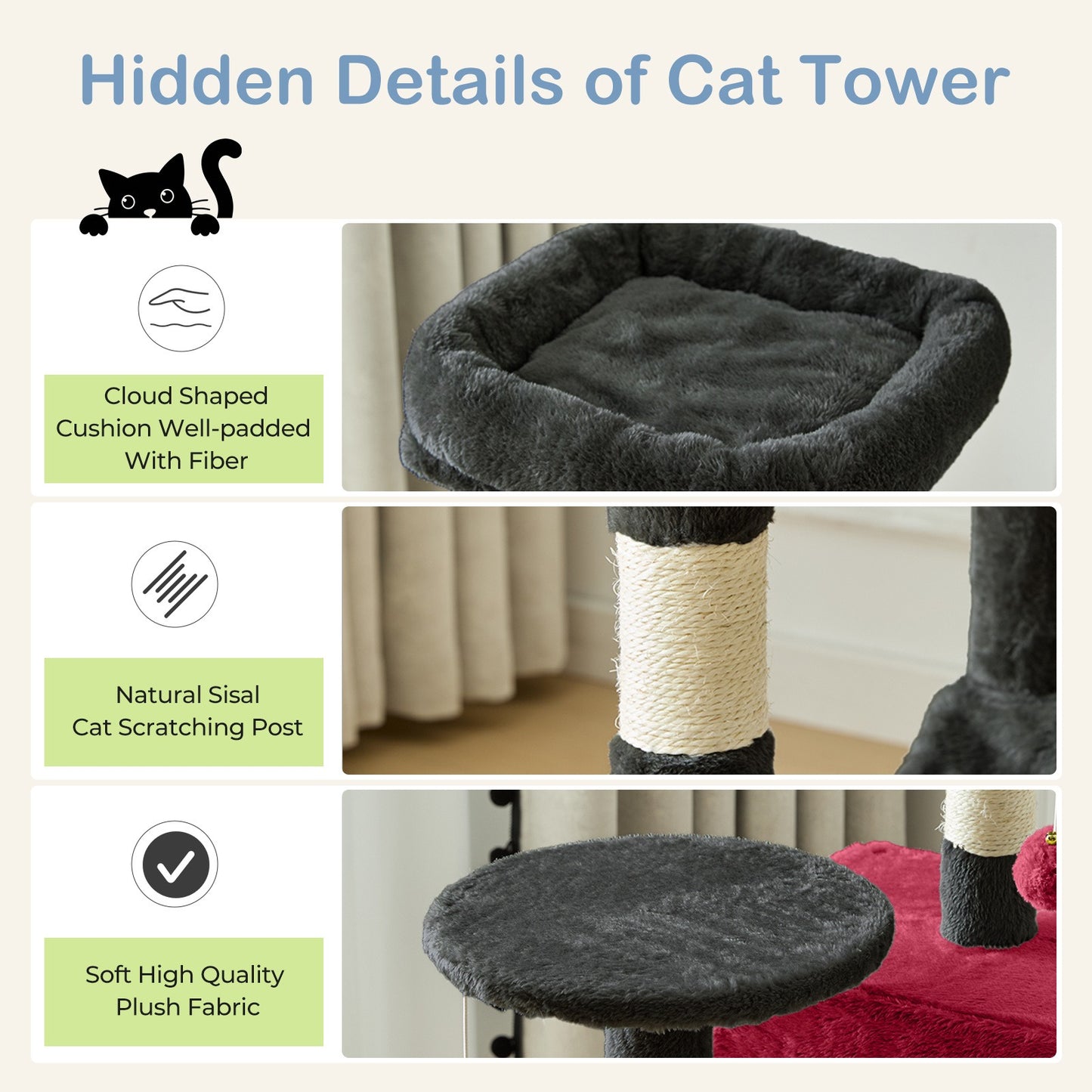 44-Inch Cat Tree Tower with Condo & Hammock – Multi-Level Indoor Cat Tree with Natural Sisal Scratching Posts