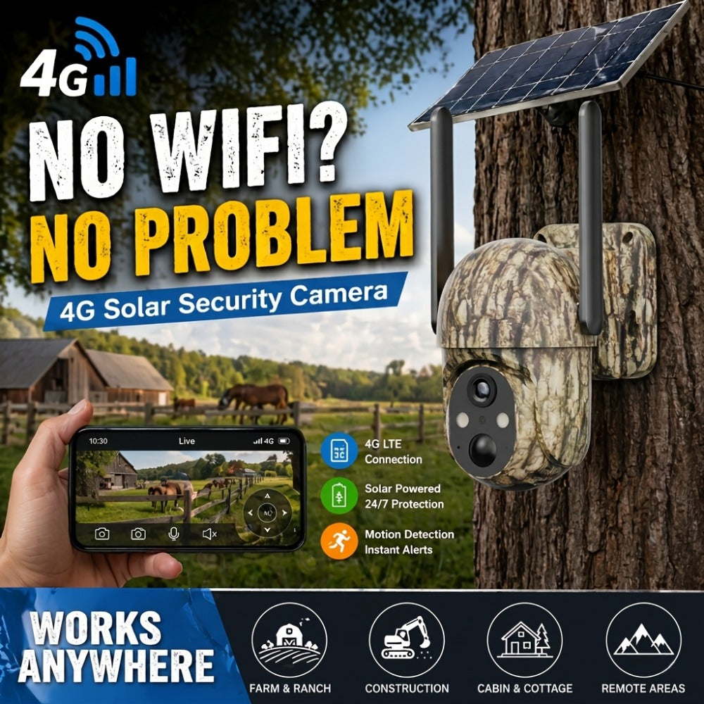 4G LTE Solar Trail Camera No WiFi Needed, Outdoor Security Camera 4K Night Vision, 360° Pan Tilt Live View
