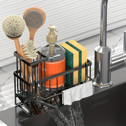 Black Sink Caddy with Drain Tray, Hanging Dishcloth Bar, Brush Holder and 23.5 cm Countertop Width
