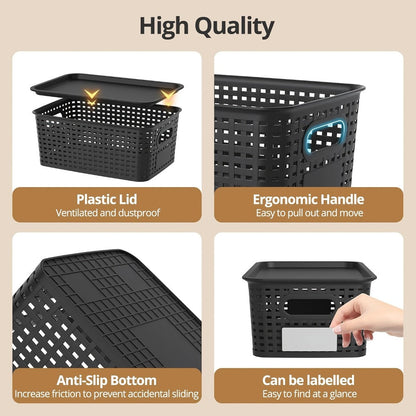 Shelf Storage Organizer Bins with Lids 4 or 8 Pack, Stackable 10 x 7 x 4 Inch Boxes in Four Colors