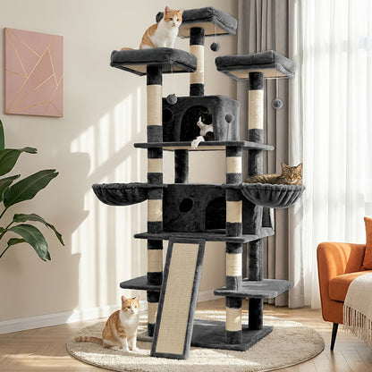 Large Multi-Level Cat Tower with Two Condos, Three Perches, Hammocks and Six Gray, Beige or Taupe Configurations