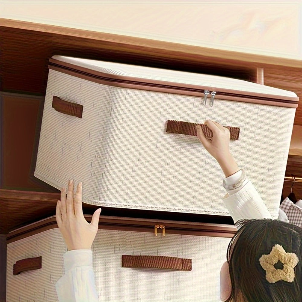 Foldable Storage Boxes with Lids 2-Pack, Large Linen Storage Baskets with Double Zippers & Leather Handles