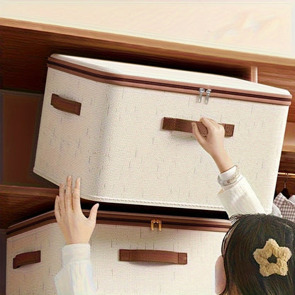 Foldable Storage Boxes with Lids 2-Pack, Large Linen Storage Baskets with Double Zippers & Leather Handles