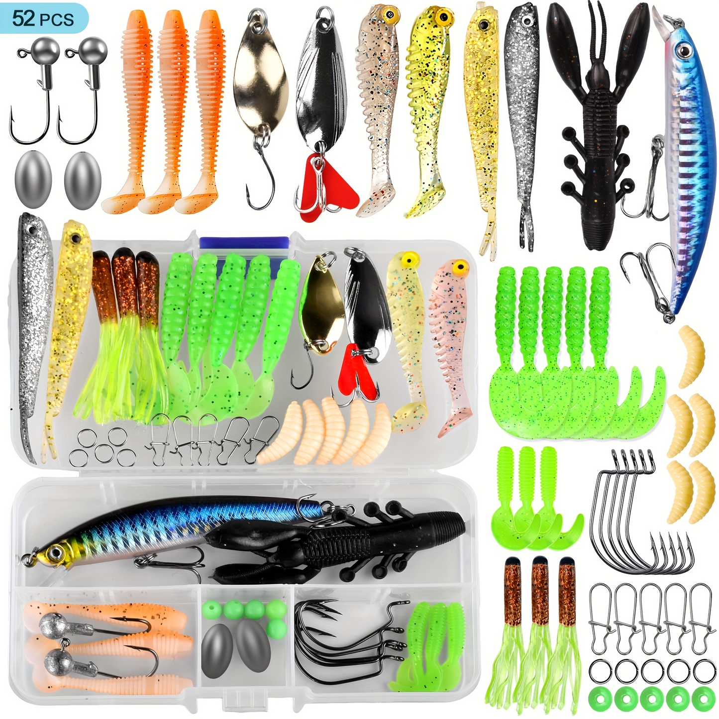 Fishing Lures Tackle Box Kit 52–360pcs – Animated Lures, Crankbaits, Spinnerbaits, Soft Plastic Worms & Topwater Lures for Bass, Trout