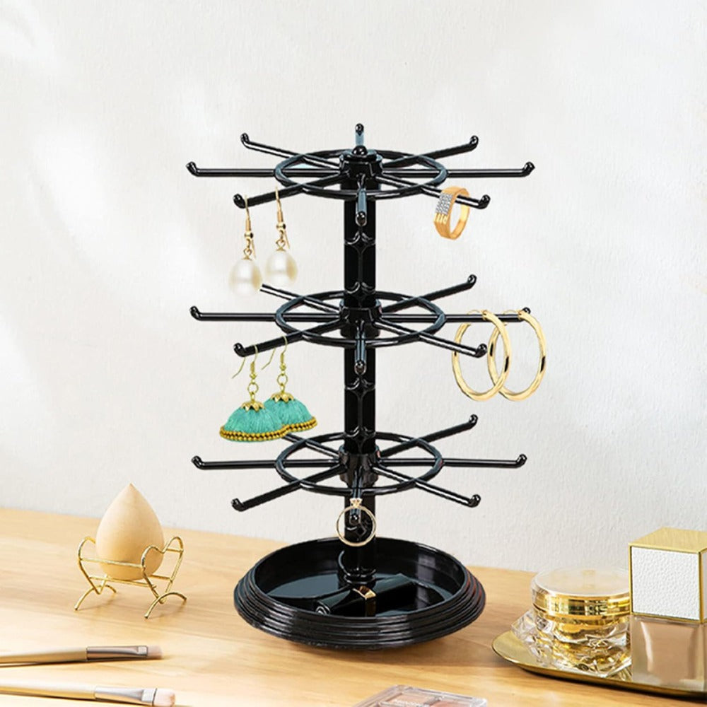 Jewelry Organizer 2-Tier Rotating Black Plastic Stand for Necklaces, Bracelets, Earrings and Keychains