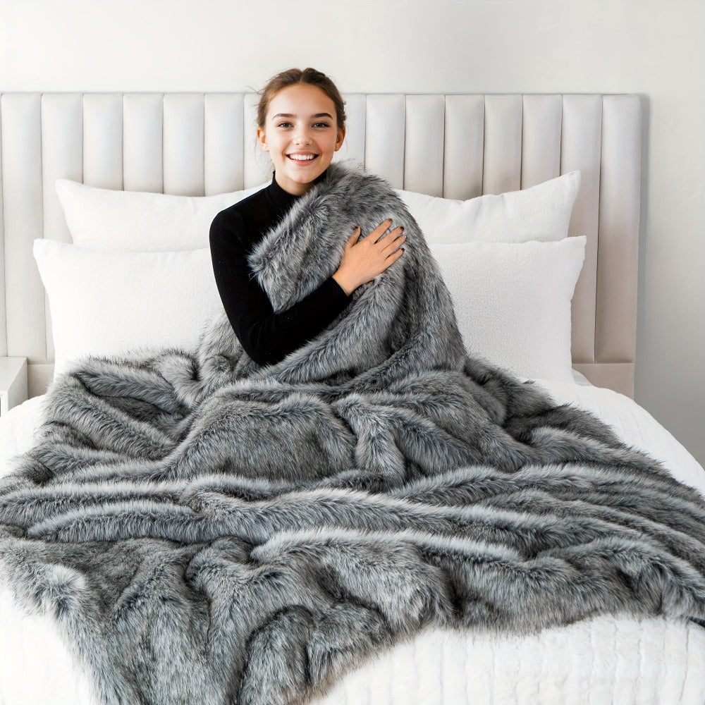 Long Hair Fluffy Reversible Plush Velvet Throw Blanket, 300-350gsm Elegant Throw for Couch & Bed