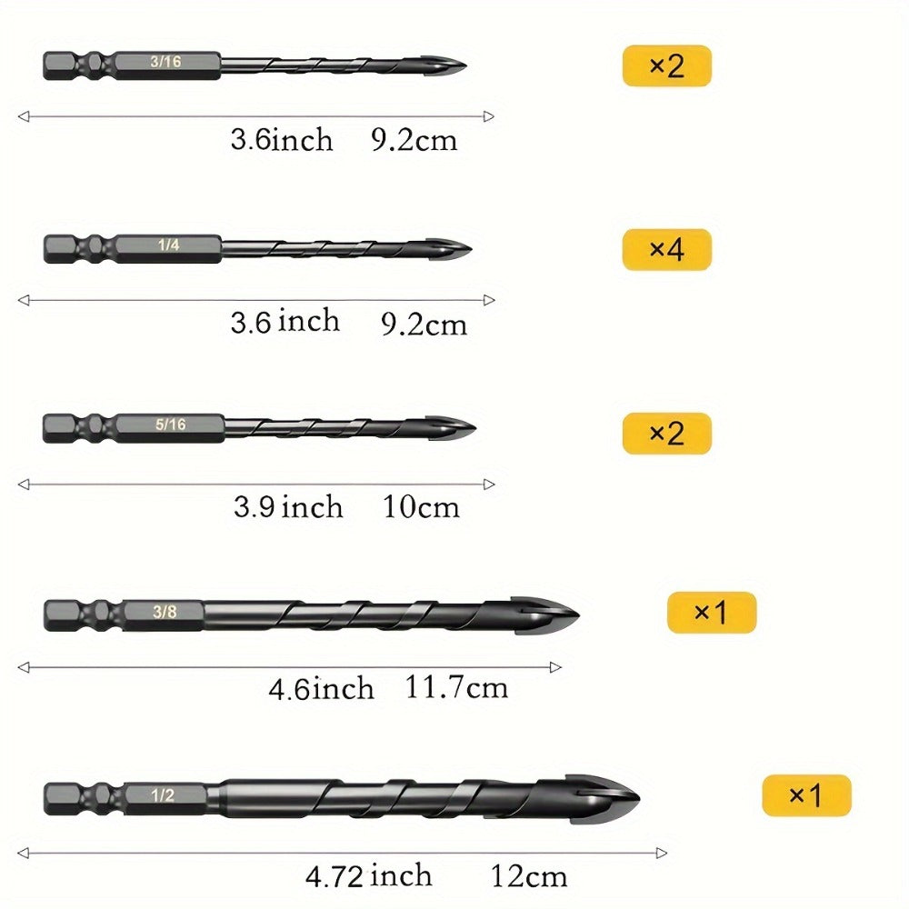Masonry Drill Bits Set 10pcs, Tungsten Carbide Tip Drill Bits for Tile, Brick, Glass, Ceramic, Concrete