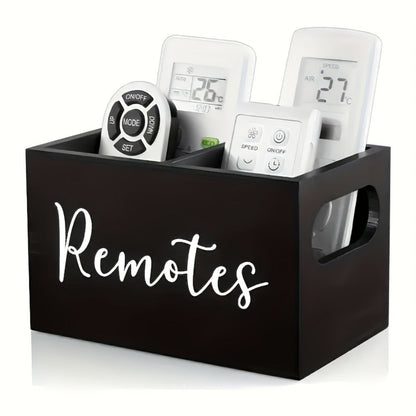 Black Wooden Remote Control Holder with Multi-Compartment Layout and 6 x 4 x 4-Inch Checkout Size