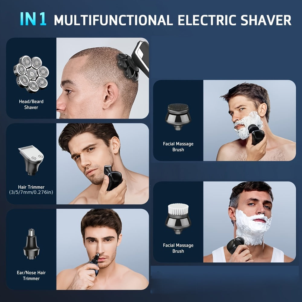 9D Floating Head Electric Razor for Bald Men 5-in-1 Grooming Kit Beard Trimmer Nose Hair Trimmer Facial Cleanser Body Groomer USB