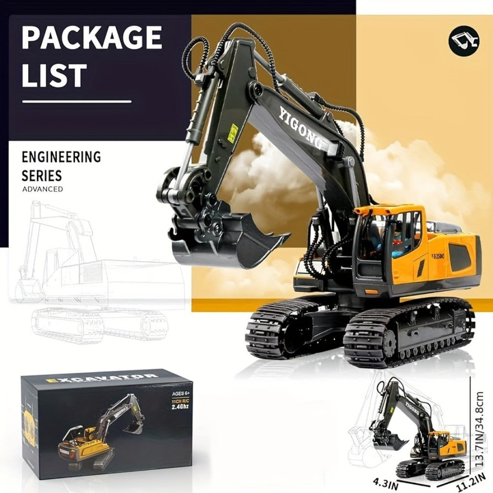 RC Excavator Toy 1:18 Scale 2.4GHz Remote Control with Metal Scoop 680-Degree Rotation Lights & Sound