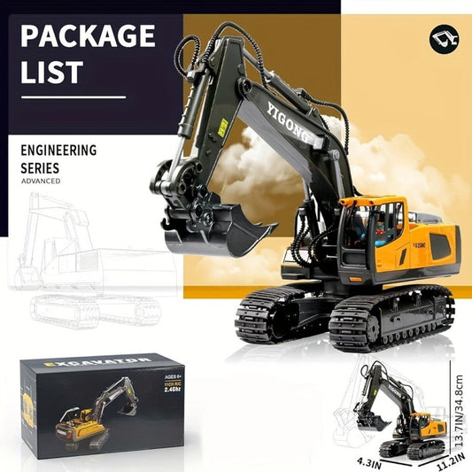 RC Excavator Toy 1:18 Scale 2.4GHz Remote Control with Metal Scoop 680-Degree Rotation Lights & Sound