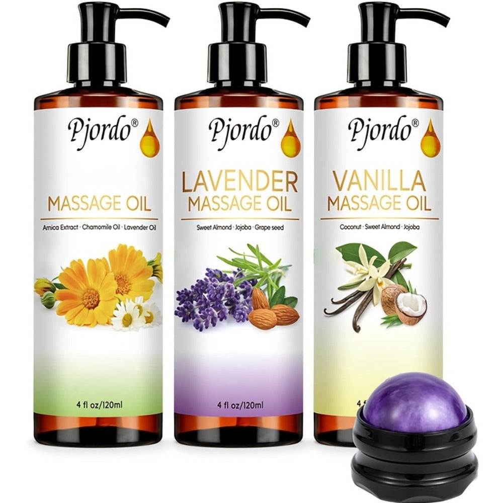 Massage Oil Set 3pcs Roller Ball, Vanilla Arnica & Lavender Essential Oils Moisturizing Body Massage Kit