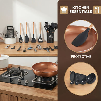 Silicone Kitchen Utensil Set 12PCS with Wooden Handle – Heat Resistant Non-Stick Safe for Home Cooking, Dining and Outdoor Meals