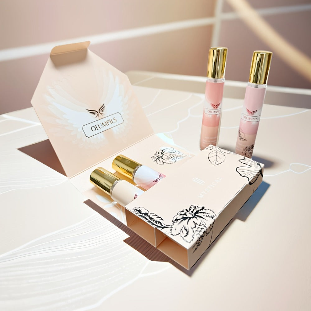 Perfume Gift Set MYSTICAL Four 20ml Eau de Parfum Spray Bottles with Gold Caps in Pink Floral Box