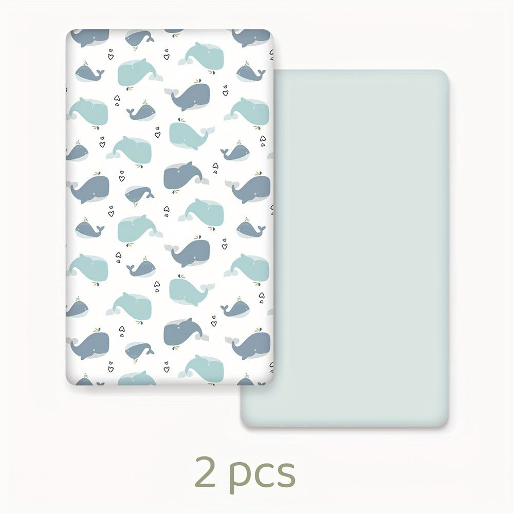Two-Pack Printed Microfiber Fitted Sheets with Pink Flower, Whale or Deer Patterns for Portable and Home Mattresses