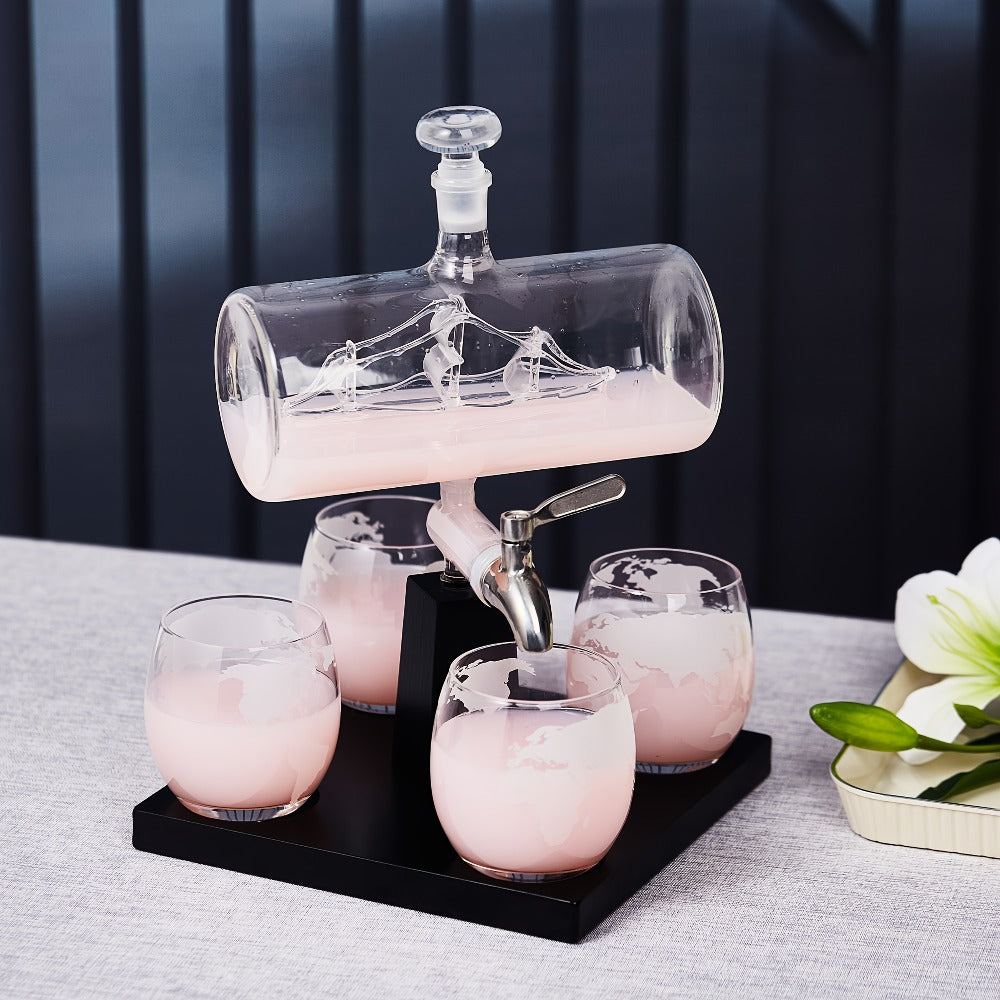 Whiskey Decanter Set with Glasses and Wooden Stand Ball Globe 28oz or Sailboat 44oz Etched for Home Cooking, Dining and Outdoor Meals