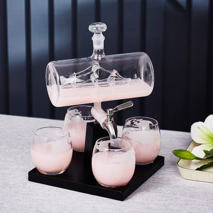 Whiskey Decanter Set with Glasses and Wooden Stand Ball Globe 28oz or Sailboat 44oz Etched for Home Cooking, Dining and Outdoor Meals