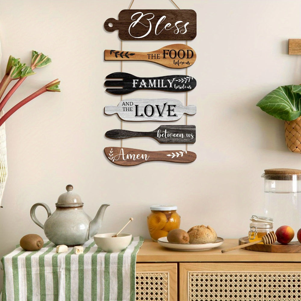 Farmhouse Wall Decor Wood Sign Set – "Bless The Food Before Us" Rustic Kitchen Dining Room Hanging Plaque