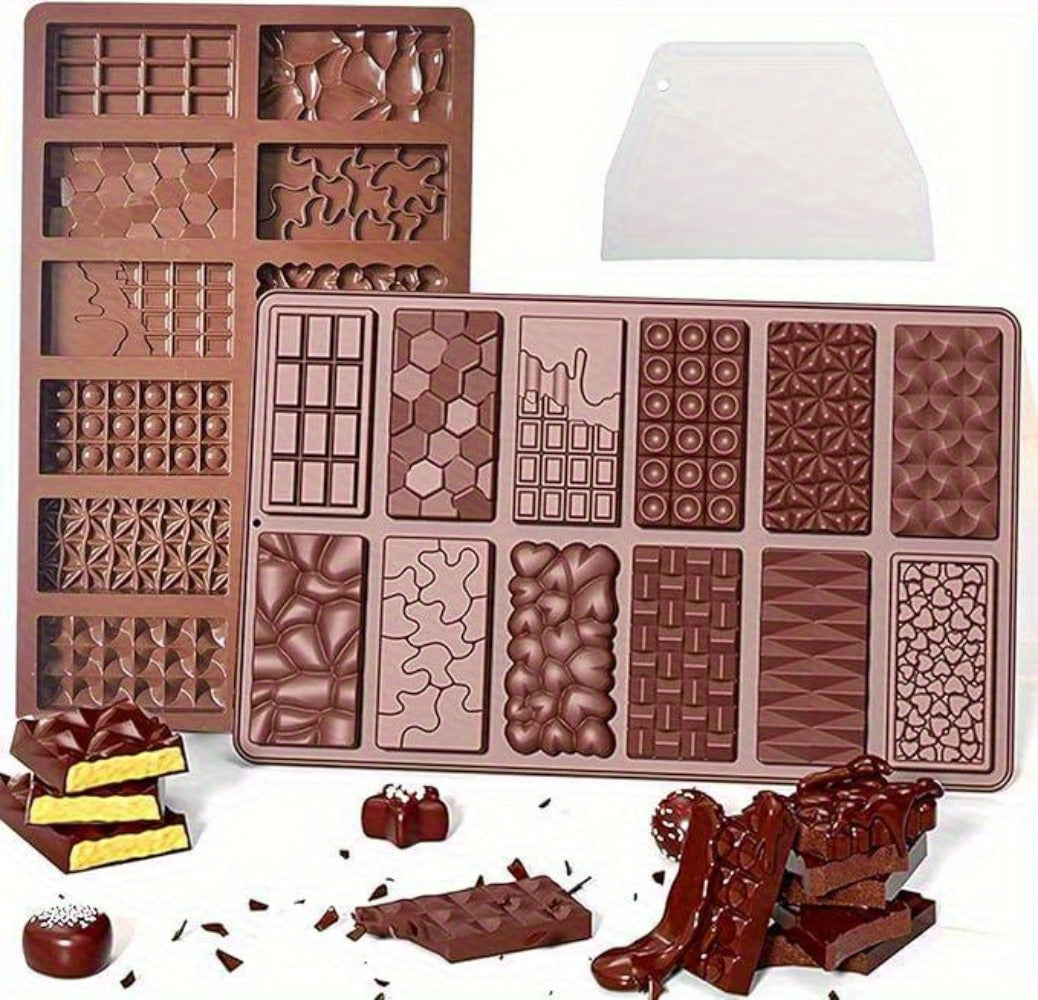 Silicone Chocolate Molds 3 Pack, 12 Cavity Food Grade BPA-Free Non-Stick Chocolate Bar Mold with Scraper, Easy Pop Out Candy Mold