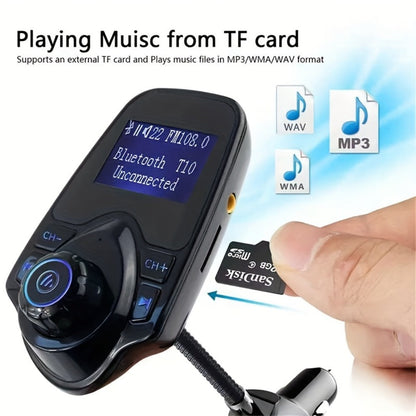 Flexible-Neck Car FM Transmitter with 1.44-Inch Display, Dual USB Ports, AUX Jack and Rotary Control