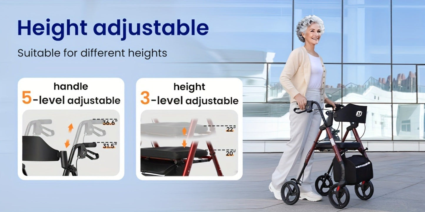 Rollator Walker for Seniors Foldable with 8-Inch Big Wheels, Durable Aluminum Rolling Walker with Backrest & Dual Adjustable Height