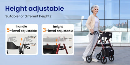 Rollator Walker for Seniors Foldable with 8-Inch Big Wheels, Durable Aluminum Rolling Walker with Backrest & Dual Adjustable Height