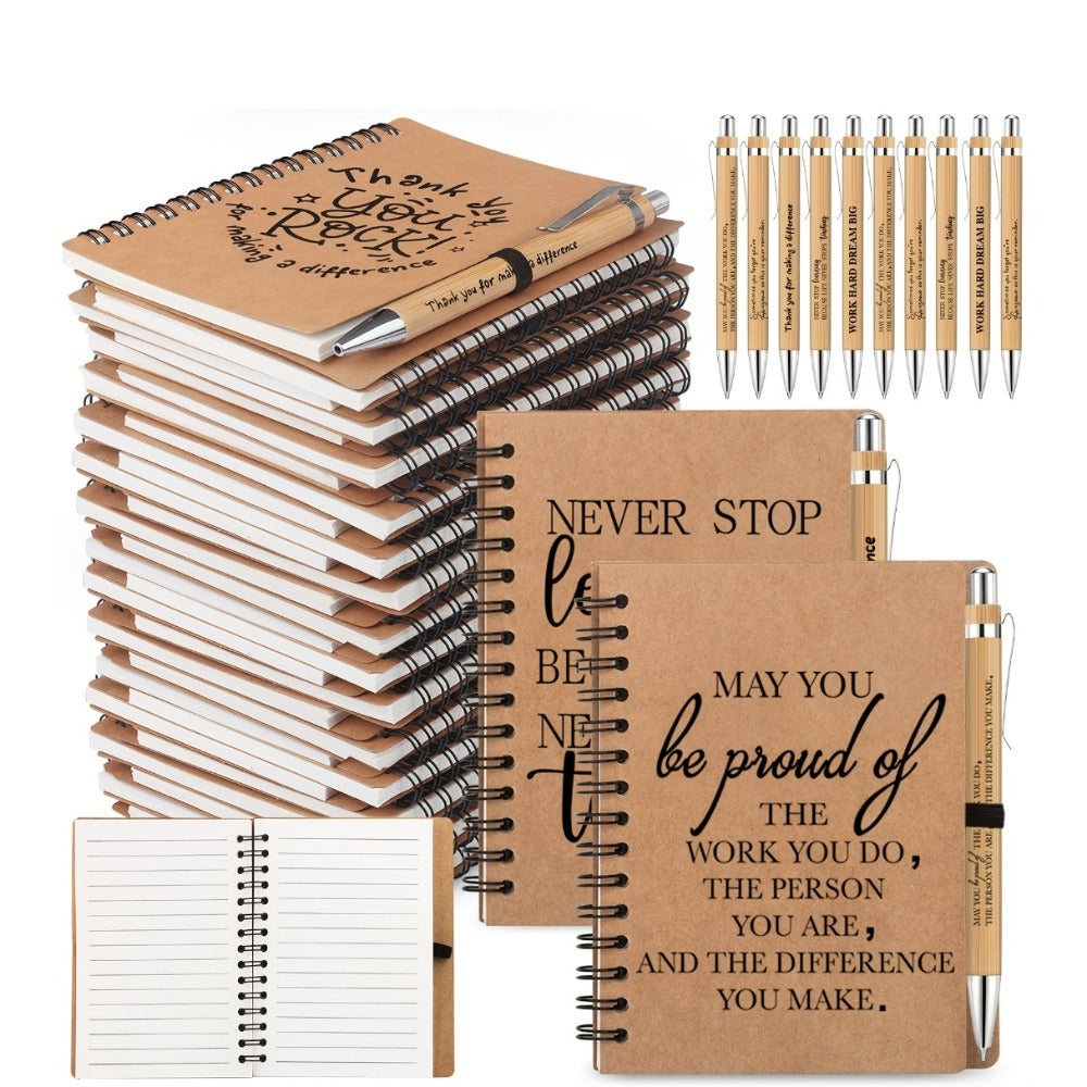 Spiral Notebooks with Retractable Bamboo Pens Bulk Gift Set – 30 Pack Inspirational Journals Thank You Gifts for Teachers Employees Back