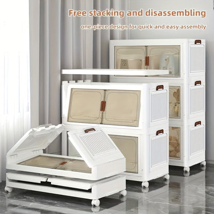 Stackable Foldable Storage Cabinet with Door, PP Plastic 1/2/3/4/5 Layer Organizer Box with Wheels & Cover
