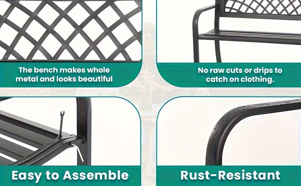 Garden Bench Outdoor Solid Black Metal Frame Patio Seating Park Bench for Backyard Lawn Porch Entryway for Garden, Patio and Yard Use