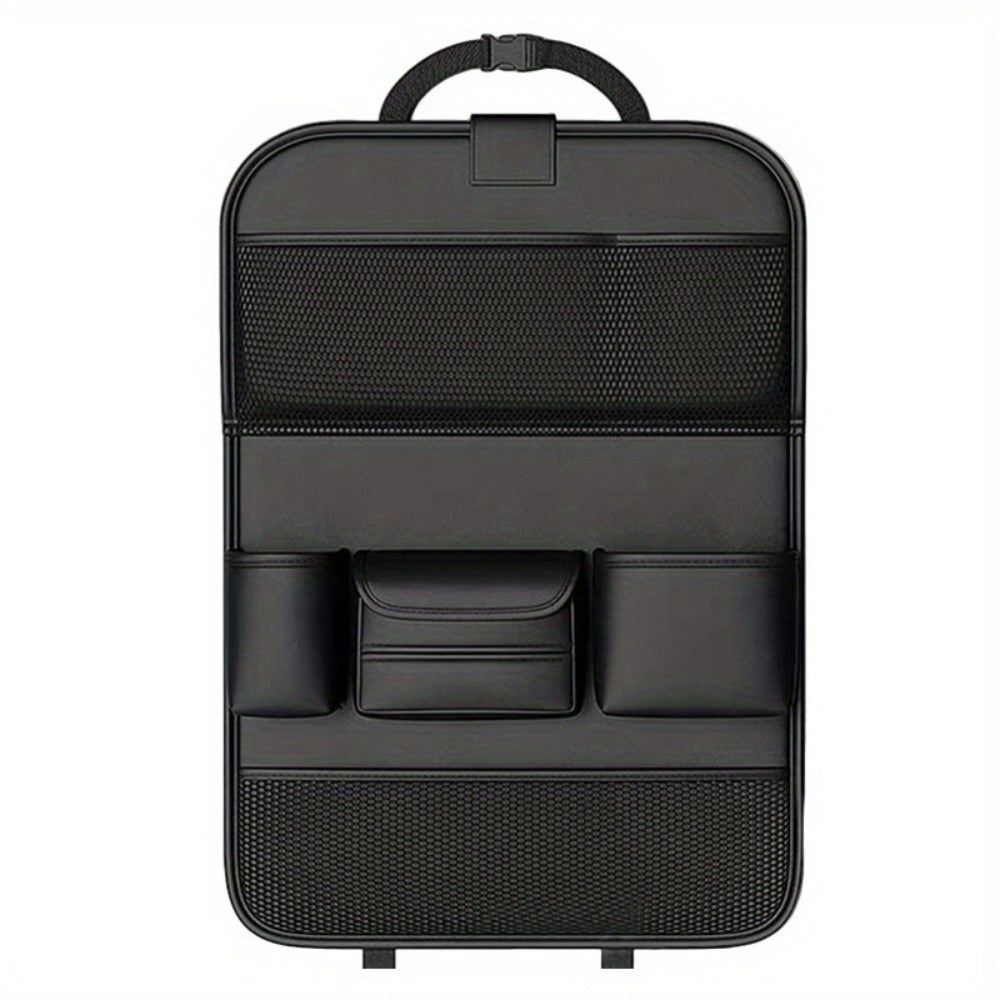 Black PU Leather Car Seat Back Organizer with Laptop Sleeve, Mesh Pockets, Bottle Holders and Foldable Storage