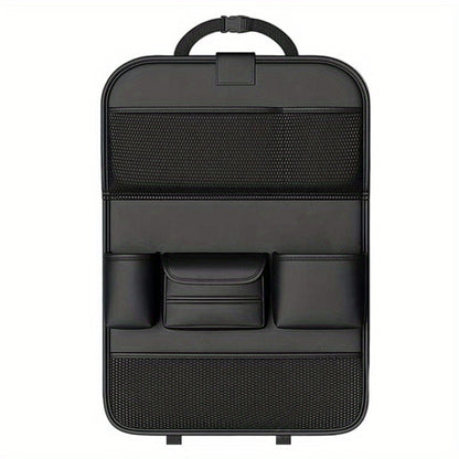 Black PU Leather Car Seat Back Organizer with Laptop Sleeve, Mesh Pockets, Bottle Holders and Foldable Storage