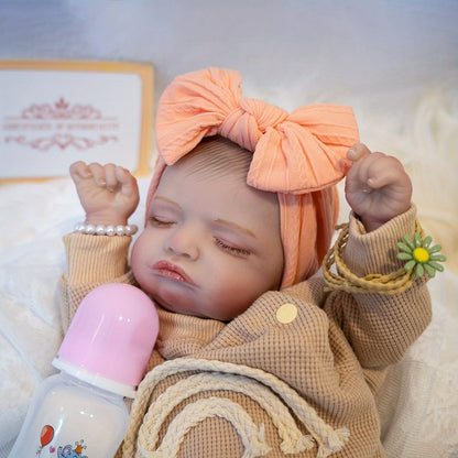 Reborn Baby Doll 20-Inch Sleeping Soft Cloth Body with Striped Outfit, Bow Headband and Feeding Accessories