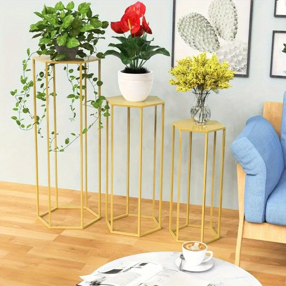 Golden Metal Dessert Display Stands with Three-Piece Square Pedestal Set or Double-Layer Hexagon Stand