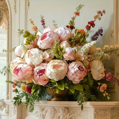 Faux Peonies Hydrangeas Artificial Flowers Vintage Silk Bouquet – Pink Green Mix Floral Centerpiece for Bridal Wedding Home Table Decor