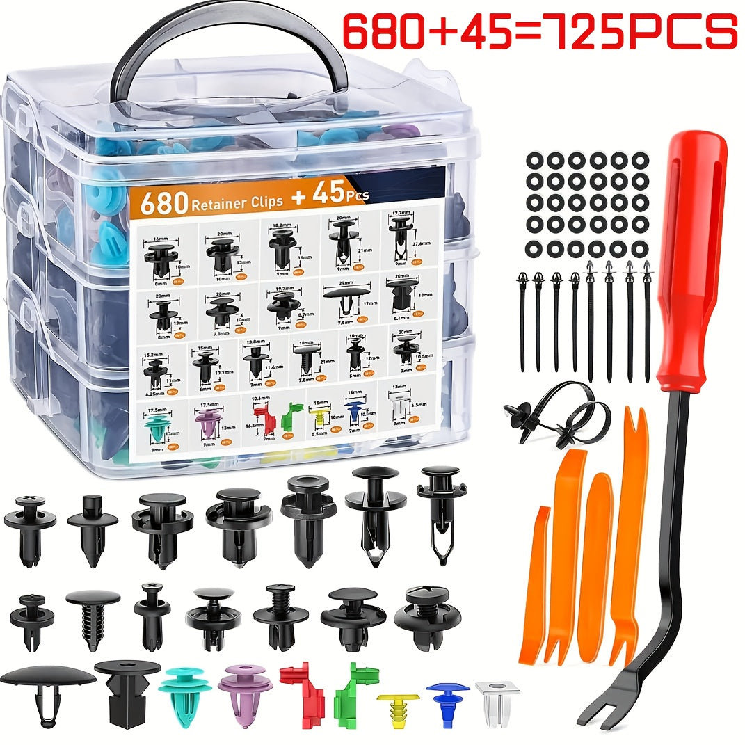 Car Bumper Screw & Rivet Repair Kit 725-Piece – Universal Plastic Clips, Nuts & Fasteners for Bumper, Wing & Interior Body Panels