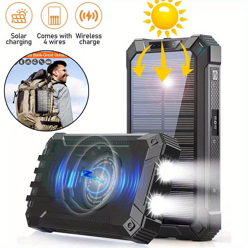 Solar Power Bank 40000mAh with Built-in 4 Cables & 15W Wireless Charging – 6 Outputs 3 Inputs Dual LED Flashlight Portable Charger