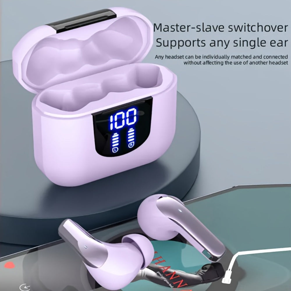 Bass Stereo Wireless Earphones Bluetooth 5.4, Playtime In-Ear Earbuds with Noise Cancelling Mic & LED Display