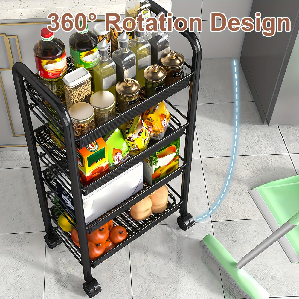 Rolling Storage Cart on Wheels – 3/4/5 Tier Carbon Steel Wire Basket Trolley, Black Metal Utility Cart for Kitchen, Bathroom, Bedroom