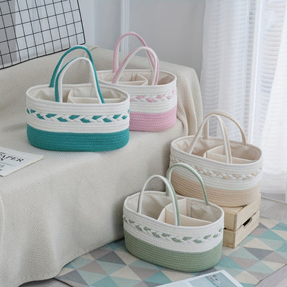 Oval Woven Rope Storage Basket, 14.17 x 9.06 x 6.69 Inches with Braided Handles and Divided Liner